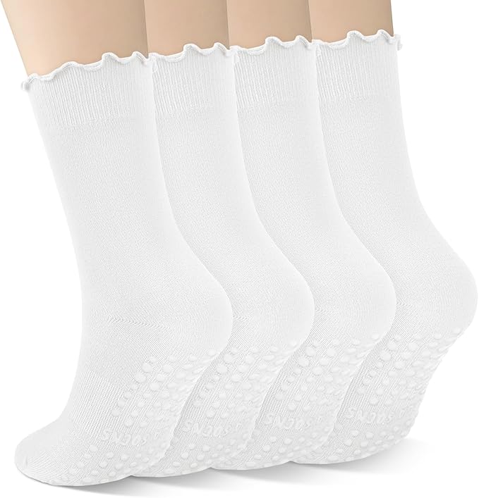 4 Pairs Pilates Socks with Grips for Women Yoga Ruffle Cute Grip Socks Pilates Non Slip Crew Ballet Hospital Workout