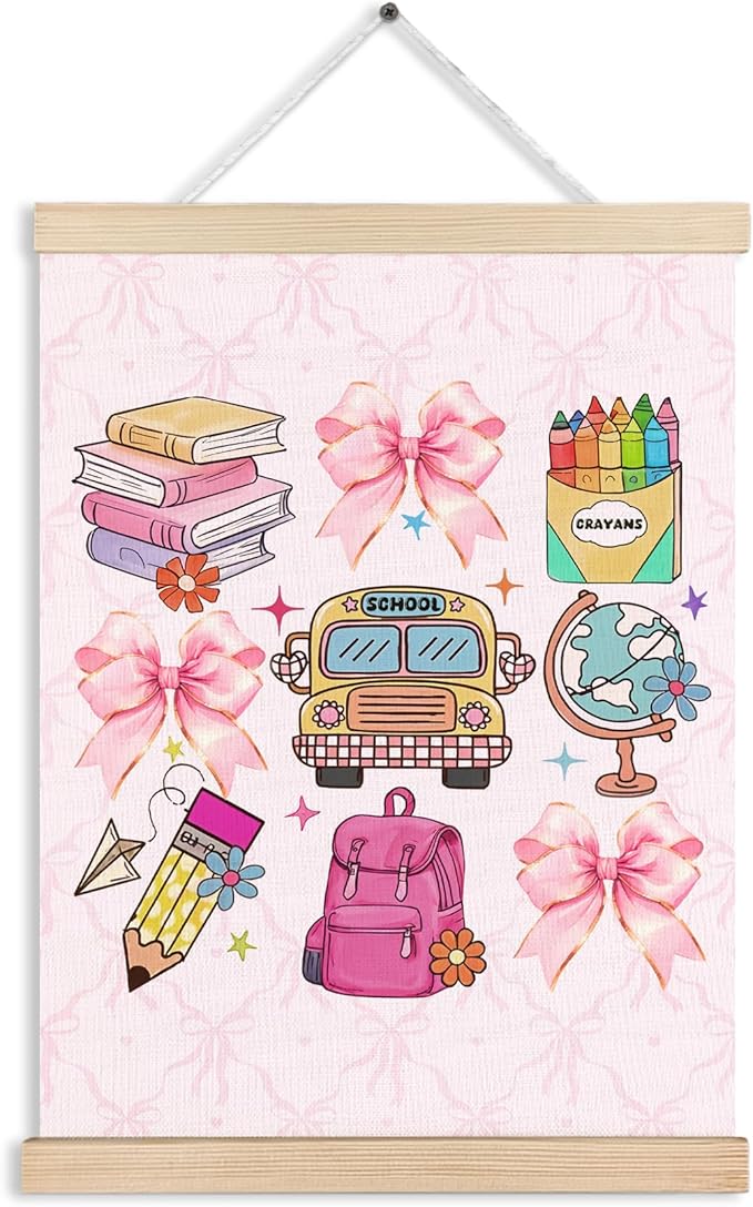Coquette Pink Bow Back to School Canvas Wall Art Poster, Coquette Preppy Room Decor, Trendy Preppy Aesthetic Wall Decor Prints for Girls Bedroom Classroom Playroom, 12x16 Inches