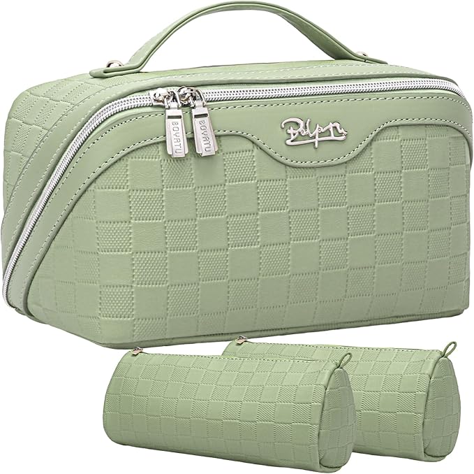 BOYATU Travel Makeup Bag Organizer Cosmetic Bag: 3 Pcs Set Make up Bags for Women with Handle - Waterproof Vegan Leather Toiletry Bags Travel Essentials Pouch with Compartments (C-06-Green)