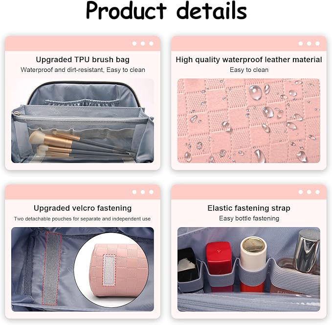 BOYATU Travel Makeup Bag Organizer Cosmetic Bag: 3 Pcs Set Make up Bags for Women with Handle - Waterproof Vegan Leather Toiletry Bags Travel Essentials Pouch with Compartments (C-05-Pink)