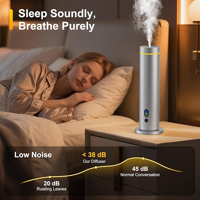 Waterless Diffuser, 1000 Sq.Ft Coverage, Essential Oil Diffuser with Tilt-Safe, Remote Control, Adjustable Mist Mode, Mood Lights Aromatherapy Diffuser for Home, Large Room, Office, Hotel, Silver