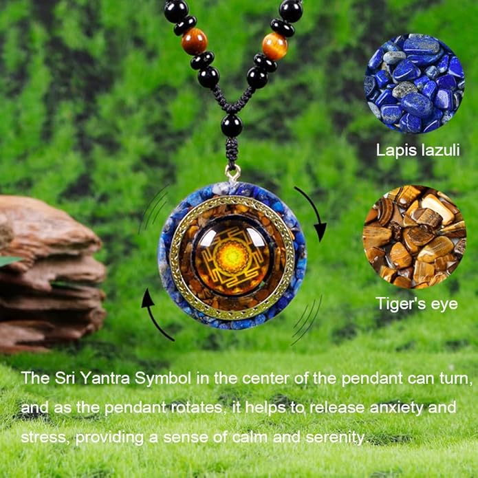 Day Day Up Orgonite Necklace - Sri Yantra Rotatable Pendant For Anti Stress Anxiety & Meditation - Malachite And Tiger Stone For Spiritual Healing & Positive Energy