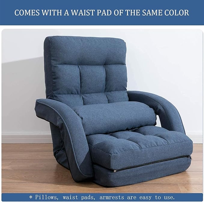 FLOGUOR 14-Position Adjustable Floor Chair, Chaise Lounge Indoor, Folding Lazy Sofa with Armrests and a Pillow Padded Adults Gaming Chairs for Living Room, Bedroom Factory Price (Blue) 8803BL