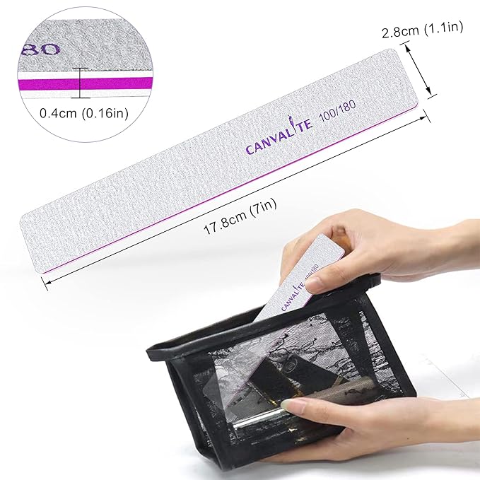 Canvalite 12pcs 100/180 Grit Coarse Nail Files for Acrylic Nails Professional Nail File Reusable Emery Board Nail Styling Tools for Home and Salon Use