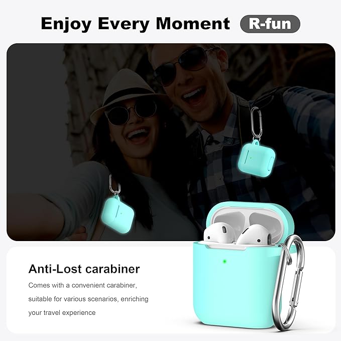 R-fun Compatible with AirPods Case Cover, Soft Silicone Protective Cover with Keychain for Women Men Compatible with Apple AirPods 2nd 1st Generation Charging Case, Front LED Visible,Glow Blue