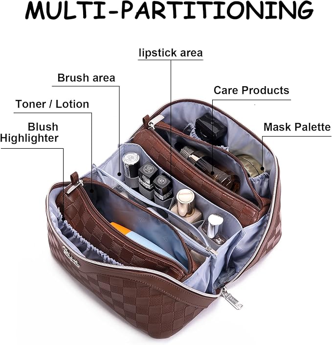 BOYATU Travel Makeup Bag Organizer Cosmetic Bag: 3 Pcs Set Make up Bags for Women with Handle - Waterproof Vegan Leather Toiletry Bags Travel Essentials Pouch with Compartments (C-09-Coffee)