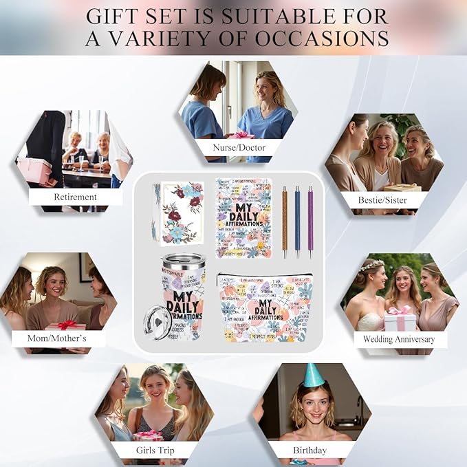 Positive Daily Affirmations for Women Mental Health Inspirational Gifts for Sister Friend Boss Coworker Birthday Friendship Christmas, Office 6PCS 20oz Tumbler Makeup Bag Ballpoint Pen Notebook