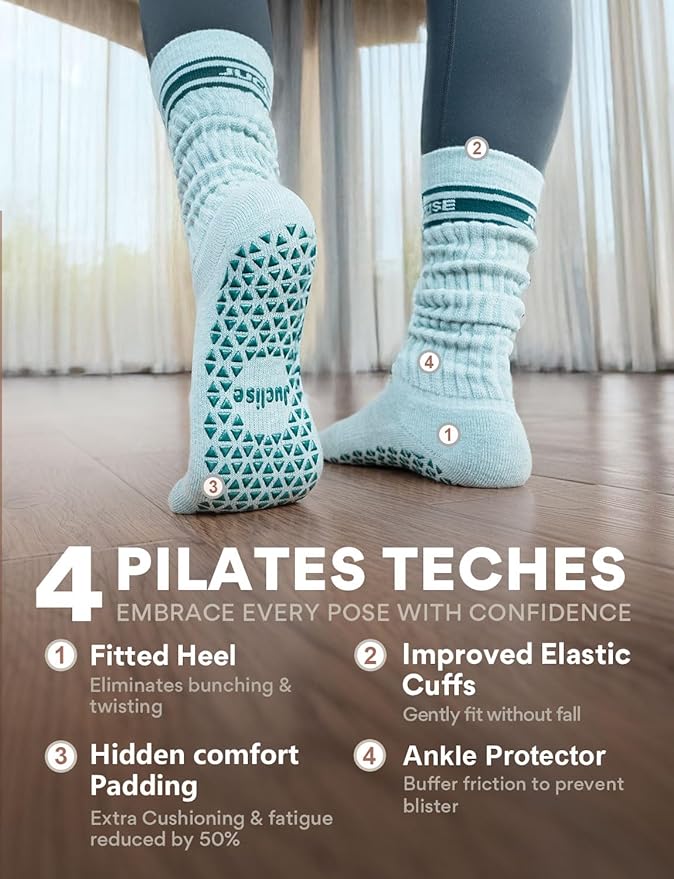 Slouch Pilates Grip Socks Yoga Barre Non Slip Scrunch Merino Wool Gym Workout Breathable Moisture Wicking Anti Odor