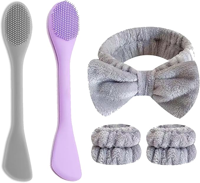 Facial Cleansing Brush, 2 in 1 Silicone Face Mask Brush & Face Scrubber, Face Wash Headband and Wristband Set,5 Pieces (Grey&Purple+Grey)