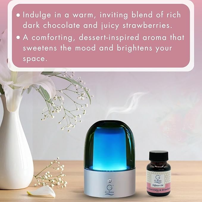 G's Breeze Smart Aroma Diffuser with 60ml Dark Chocolate & Strawberry Refill – Wi-Fi & Bluetooth Control, LED Light, Adjustable Intensity, Long-Lasting Sweet Fruity Gourmand Scent for Home or Office