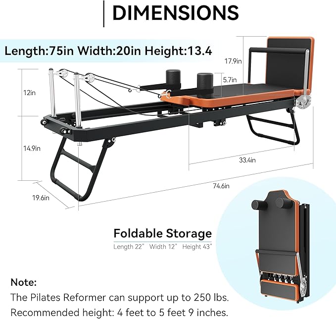 Pilates Reformer,Dpiolrcag Foldable Pilates Machine & Equipment for Home Use and Gym Workout with Jump Board, Suitable for Advanced and Beginners Users, Up to 250 lbs Weight Capacity