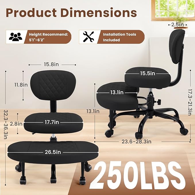 Cross Legged Office Chair with Wheels, Wide Criss Cross Kneeling Home Office Desk Chairs with Back Support, Ergonomic Adjustable Height ADHD Stool with Rotating Footrest for Yoga Meditation