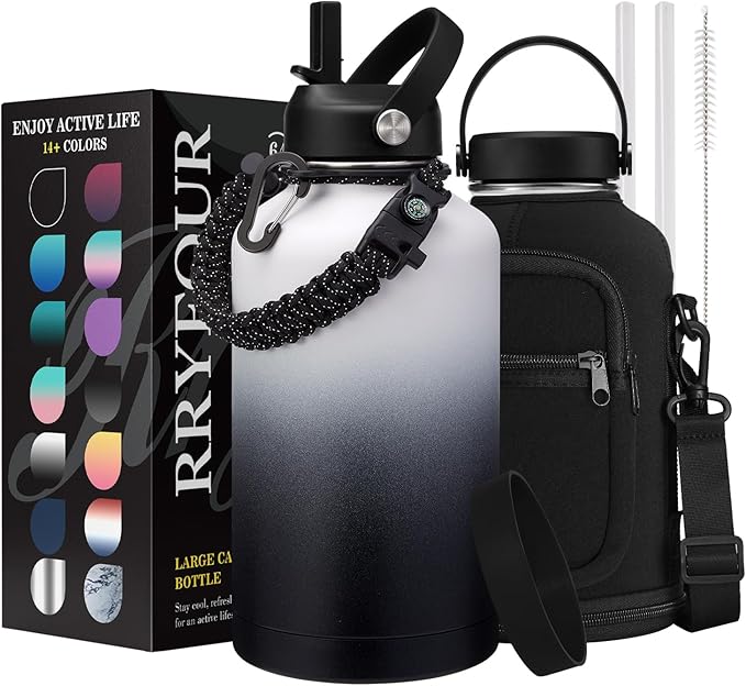64oz Stainless Steel Water Bottles with Straw - Flex Lids, Shoulder Carrier Bag, Protective Cup Mat, 1/2 Gallon Metal Jug BPA Free, Vacuum Thermo Bottle for Women Men, Gym Outdoor Working