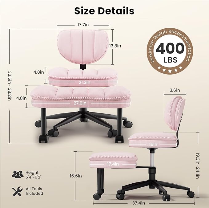 Cross Legged Office Chair, Ergonomic Cloud Criss Cross Desk Chair, Meditation Chair with Wheels, Height Adjustable Seat for ADHD, Wide Kneeling Chair with Back Support, Pink