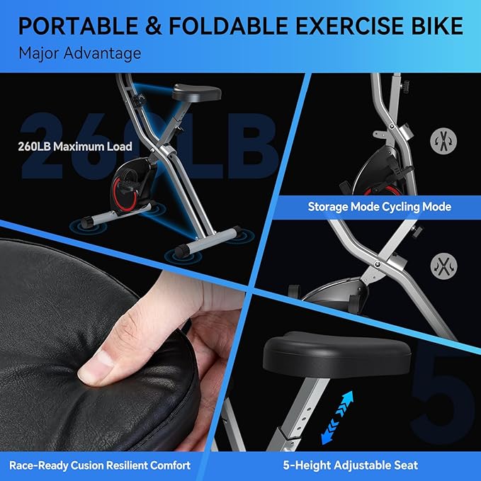 Foldable Exercise Bike for Small Apartments, Stationary Bikes for Home, Indoor Portable Cycling Bike with 16-Level Magnetic Resistance, 260LBS Capacity, 5.5 LBS Flywheel, Designed for Small Space Workout 816