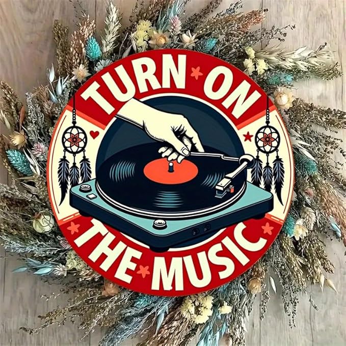 1pc Vintage Turn On The Music Vinyl Record Tin Sign, Retro Style Aluminum Wall Art, Rustic Metal Decor Plaque, 8x8", with No Electricity Needed, Cafe - Multipurpose Wall Hanging