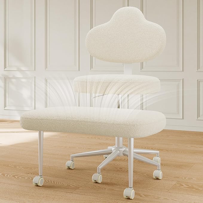 Cross Legged Office Chair with Wheels, Meditation Chair, ADHD Chair for Adults, Wider Height Adjustable Backrest and Seat, Yoga Office Chair, Teddy Fabric, Off White
