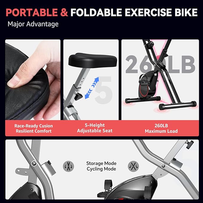 Foldable Exercise Bike for Small Apartments, Stationary Bikes for Home, Indoor Portable Cycling Bike with 16-Level Magnetic Resistance, 260LBS Capacity, 5.5 LBS Flywheel, Designed for Small Space Workout 816
