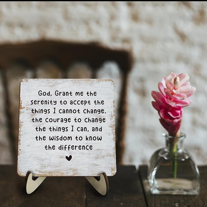 Decorative Desk Decor Motivational Mental Health Recovery Positive Plaque with Wooden Stand Inspirational Serenity Prayer Christian Wood Sign for Home Office Reading Corner Table Bookshelf