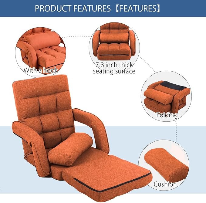 FLOGUOR 14-Position Adjustable Floor Chair, Chaise Lounge Indoor, Folding Lazy Sofa with Armrests and a Pillow Padded Adults Gaming Chairs for Living Room, Bedroom Factory Price,8803 (Orange)