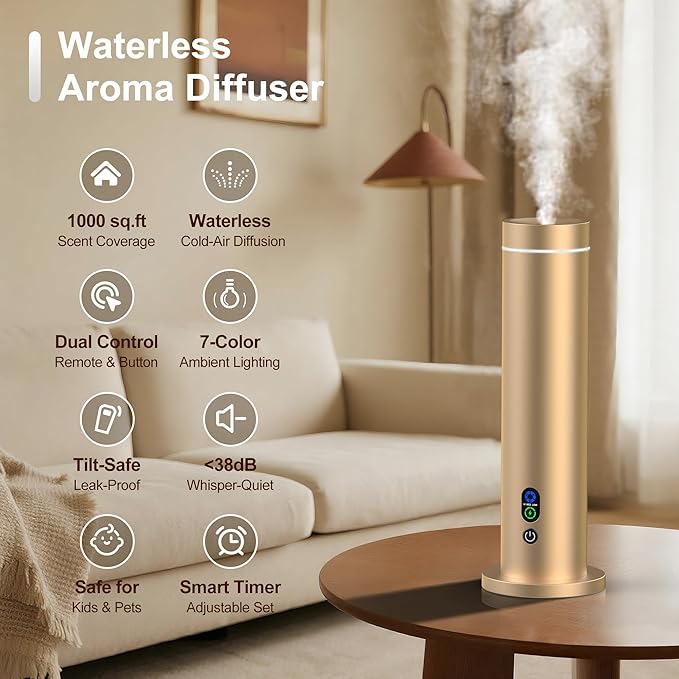 Waterless Diffuser, 1000 Sq.Ft Coverage, Essential Oil Diffuser with Tilt-Safe, Remote Control, Adjustable Mist Mode, Mood Lights Aromatherapy Diffuser for Home, Large Room, Office, Hotel, Gold