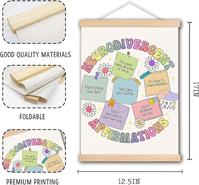 DNEULYR Neurodivergent Affirmations Inspirational Mental Health Wall Art Poster, ADHD Neurodivergent Autism Acceptance Ayslexia Wall Decor for Classroom Counselor Therapy Office Decor, 12x16 Inches