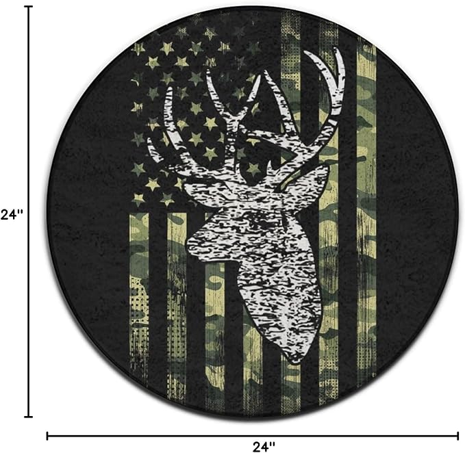 Large Home Decor Mat, Soft Round Yoga Carpet, Non-Slip Machine Washable Kitchen Office Circle Rug Compatible with Deer Camo Camouflage American Flag Hunting Black