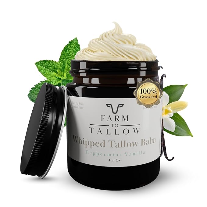 FARM TO TALLOW 100% Grass-Fed Beef Tallow for Skin, Face & Body – Peppermint Vanilla Moisturizer Made with Olive Oil – Gentle & Hydrating Natural Skincare Cream for Dry, Sensitive Skin – 4 Oz