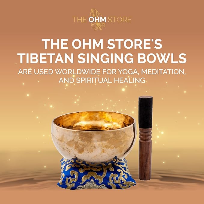 Large Tibetan Singing Bowl Set by Ohm Store — Deep Tone Pure Bronze Meditation Sound Bowl Hand Hammered in Nepal — The Sunset Bowl 6.5 Inch