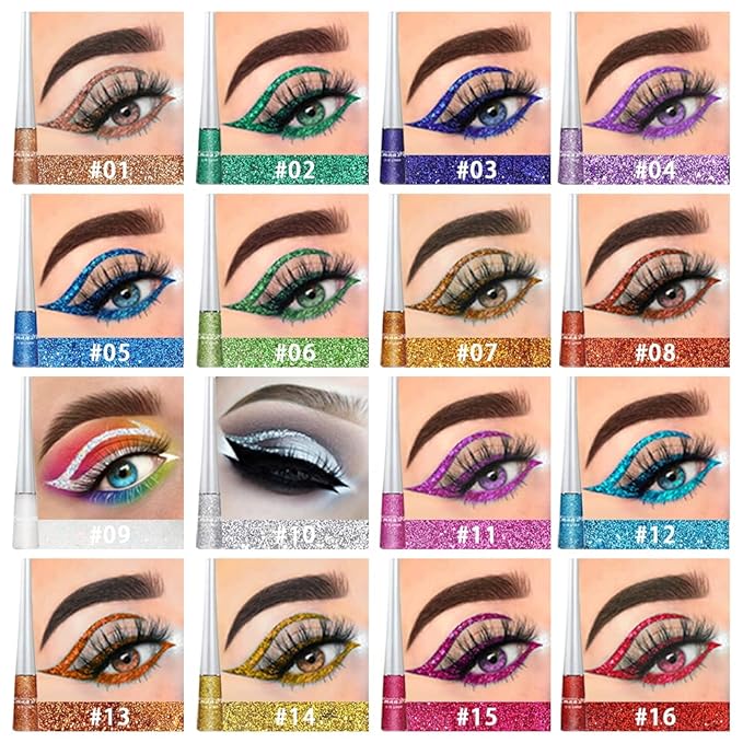 evpct 16 Color Liquid Glitter Eyeliner Sets Eyeliner Glitter Liquid Liners for Women White Silver Rose Gold Pink Sparkly Sparkle Shimmer Eyeliners delineador con glitter de colores para ojos colores