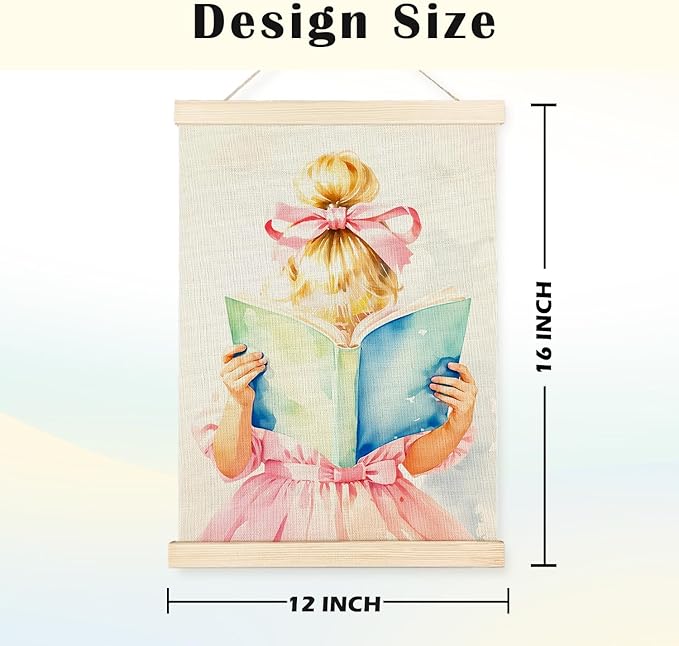 JINYO Pink Bow Dress Girl Reading Book Wall Art Poster, Coquette Girly Room Decor, Reading Nook Corner Decor, Pink Bookish Wall Art for Girls Room Dorm Library Reading Room Classroom, 12x16 Inches