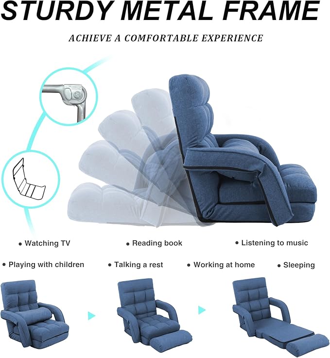 Adjustable Floor Chair for Adults with Back Suppor,5-Position Folding Lazy Sofa with Pillow, Gaming & Meditation Chair with Breathable Fabric - for Living Room, Bedroom, Office,Balcony (Blue)