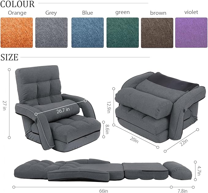 FLOGUOR 14-Position Adjustable Floor Chair, Chaise Lounge Indoor, Folding Lazy Sofa with Armrests and a Pillow Padded Adults Gaming Chairs for Living Room, Bedroom Factory Price,8803 (Grey)
