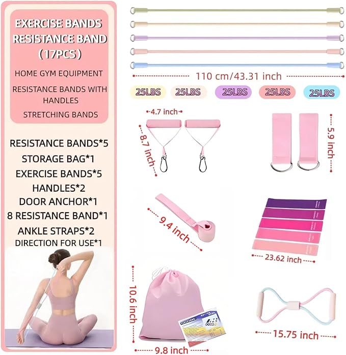 17PCS Exercise Bands Resistance Bands Set, Resistance Bands with Handles for Working Out & Physical Therapy,Bandas De Resistencia para Hacer Ejercicio,Figure 8 Exercise Bands(125 LBS)