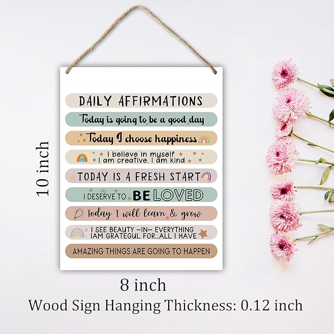 Hanging Plaque With Rope, Home Wall Decor Wood Daily Affirmations Sign, Door Decor Mental Health Wood Sign for Study Dining Room Psychological Counseling Office Bedroom, Farmhouse Art Plaque Gift -24