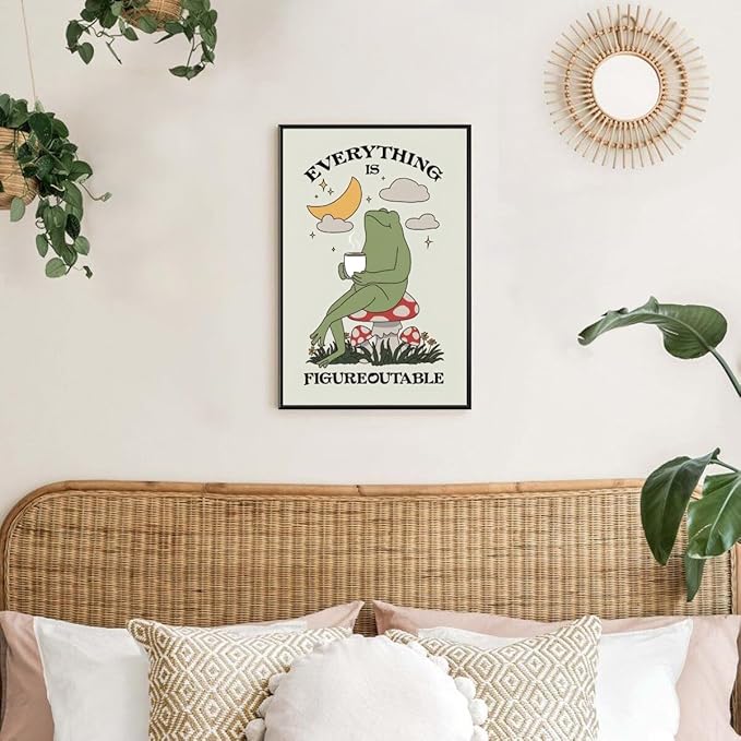Everything is Figureoutable Motivational Canvas Wall Art Print Frog with Coffee Quote Inspirational Art Poster Mental Health Home Office Affirmation Wall Decor Minimalist Picture 20x30inch black framed