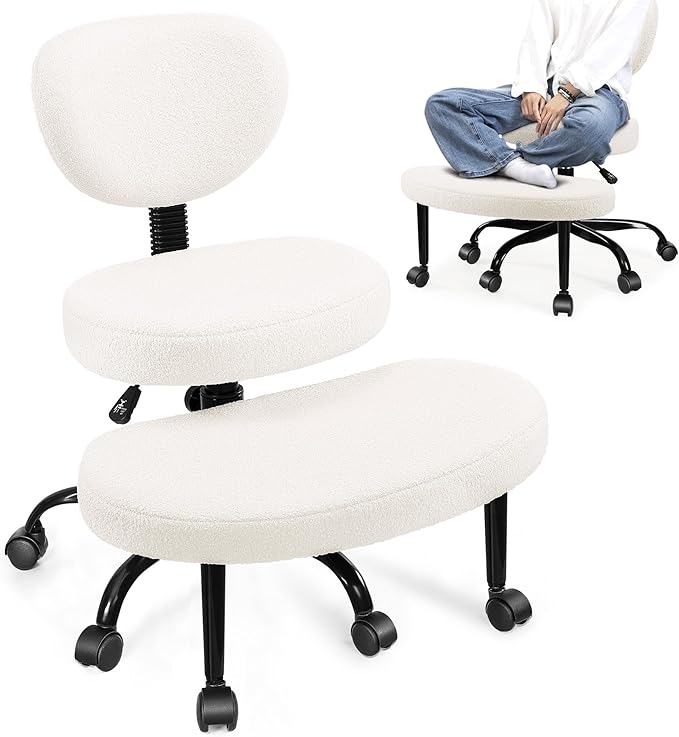 Ergonomic Cross Legged Office Chair with Wheels - Adjustable Height for Meditation, ADHD Desk & Yoga - Wide Criss Cross Design with Lumbar Support, Kneeling Chair - Off White