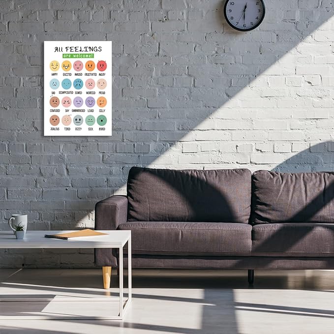 All Feelings Are Welcome Canvas Wall Art,Mental Health Decor,Feelings Chart Canvas Framed Wall Art Painting Ready to Hang for Nursery Kids Playroom Classroom