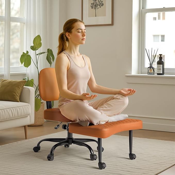 Furmax Ergonomic Criss Cross Legged Office Chair with Wheels, 360°Swivel Adjustable Height Kneeling Desk Chair with Footrest for ADHD, Yoga, Meditation, Home Office (Leather, Brown)