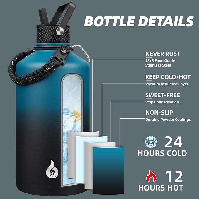 BJPKPK 1 Gallon Water Bottle with Straw Lid, 50oz, 64oz, 87oz, 128oz Large, Stainless Steel Water Bottles with 3 Lids and Paracord Handle, Double Wall Vacuum Metal Water Jug, Blue & Black