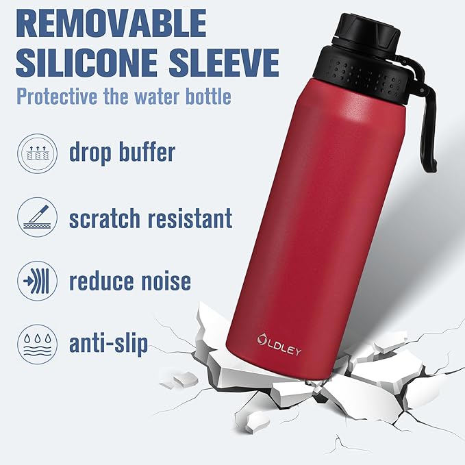 OLDLEY 24 oz Insulated Water Bottle With Straw, Stainless Steel Sports Water Cup Flask with 3 Lids(Straw, Spout and Handle Lid) Double Walled Travel Thermal Canteen Mug,Fire Red