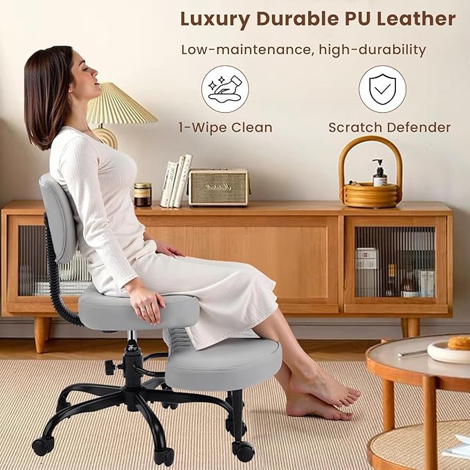 Cross Legged Office Chair with Wheels, Wide Criss Cross Kneeling Home Office Desk Chairs with Back Support, Ergonomic Adjustable Height ADHD Stool with Rotating Footrest for Yoga Meditation