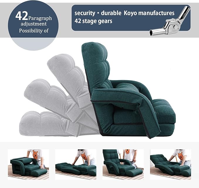 FLOGUOR 14-Position Adjustable Floor Chair, Chaise Lounge Indoor, Folding Lazy Sofa with Armrests and a Pillow Padded Adults Gaming Chairs for Living Room, Bedroom Factory Price (Green) 8803GN