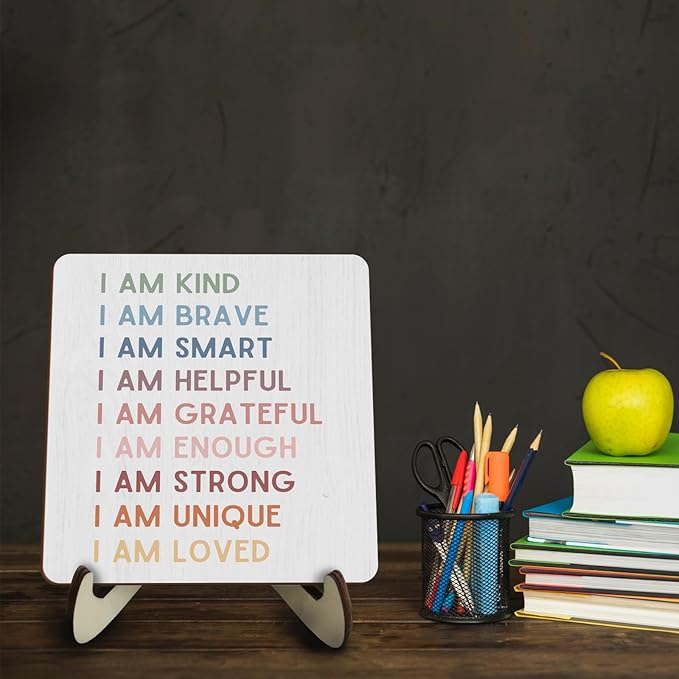 Decorative Desk Decor Motivational I Am Kind Affirmations Positive Plaque with Wooden Stand Inspirational Wood Sign for Nursery Playroom Homeschool Classroom Reading Corner Table Shelf