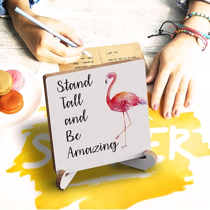 Flamingo Gifts Rustic Wooden Desk Decor - Funny Flamingo Plaque with Wood Stand Holder for Farmhouse, Office, Girls Room