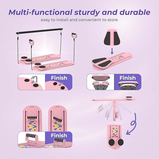Pilates Reformer Board – 5-in-1 Foldable Pilates Machine for Home Workout, Portable Fitness Board with Resistance Bands, Full Body Training for Women