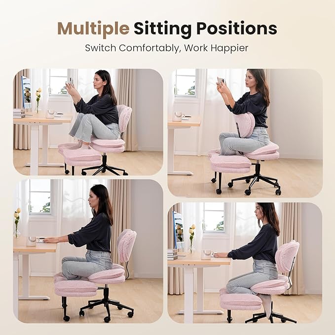 Cross Legged Office Chair, Ergonomic Cloud Criss Cross Desk Chair, Meditation Chair with Wheels, Height Adjustable Seat for ADHD, Wide Kneeling Chair with Back Support, Pink