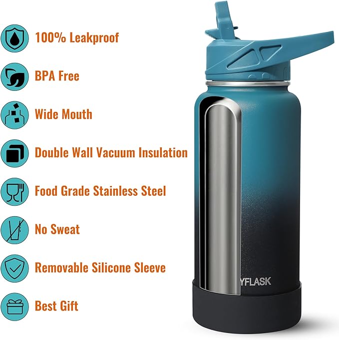 24oz Insulated Water Bottle with Straw, Stainless Steel Metal Vacuum Water Flask, Large Thermal Water bottle with Leakproof 3 Lids for Travel, Camping, Gym Sports Indigo Black