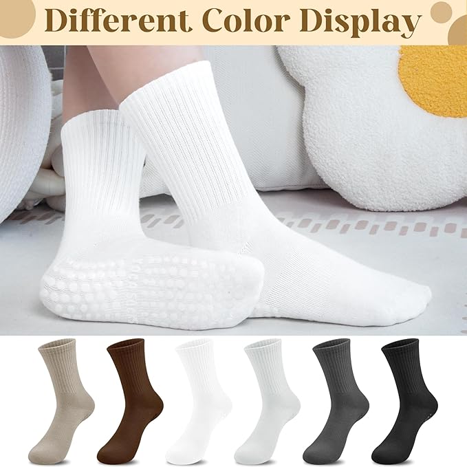 Justay 6 Pairs Pilates Socks with Grips for Women Soft Non Slip Crew Cotton Athletic Workout Barre Hospital Yoga Socks
