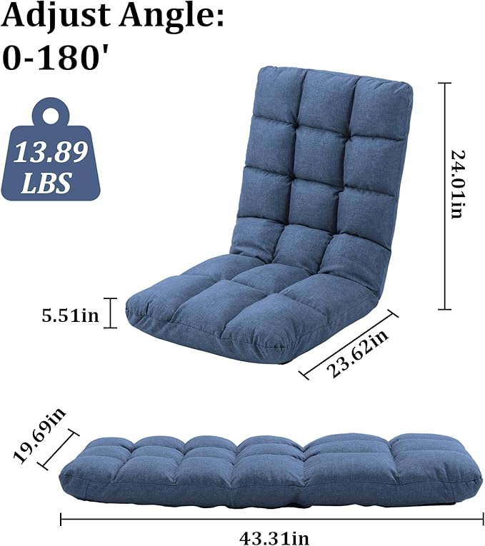 Folding Floor Chair with Back Support, 14 Adjustable Positions, Breathable Padded Sleeper Bed, Couch Recliner, Gaming Sofa Chair for Adults & Kids, Perfect for Meditating, Reading, Living Room (Blue